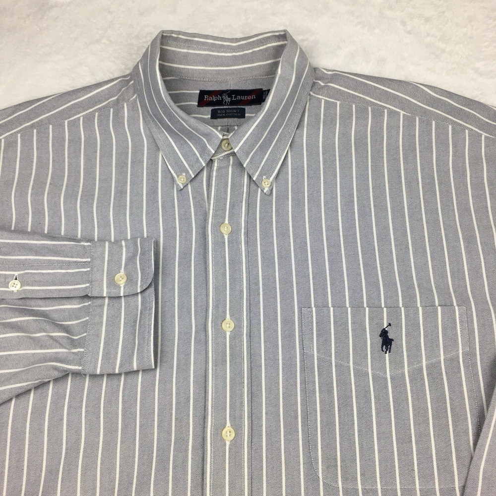 Ralph Lauren BIG Shirt Mens XL Gray/White Pinstripes Long Sleeves